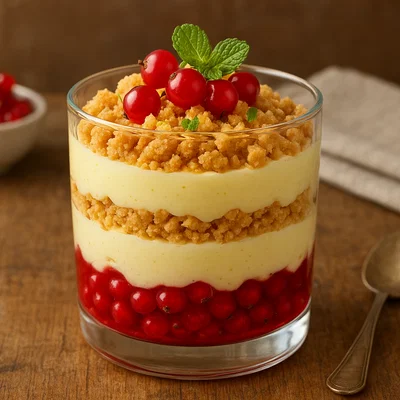 Johannisbeer-Schichtdessert mit Vanillecreme und Butterkeks-Crumble