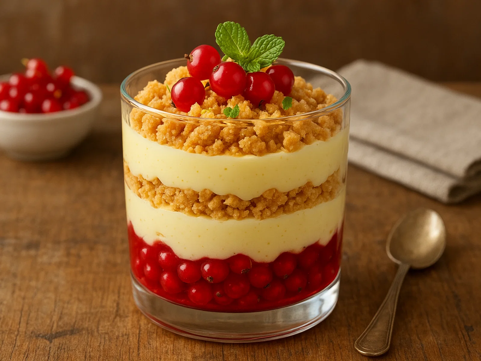 Johannisbeer-Schichtdessert mit Vanillecreme und Butterkeks-Crumble