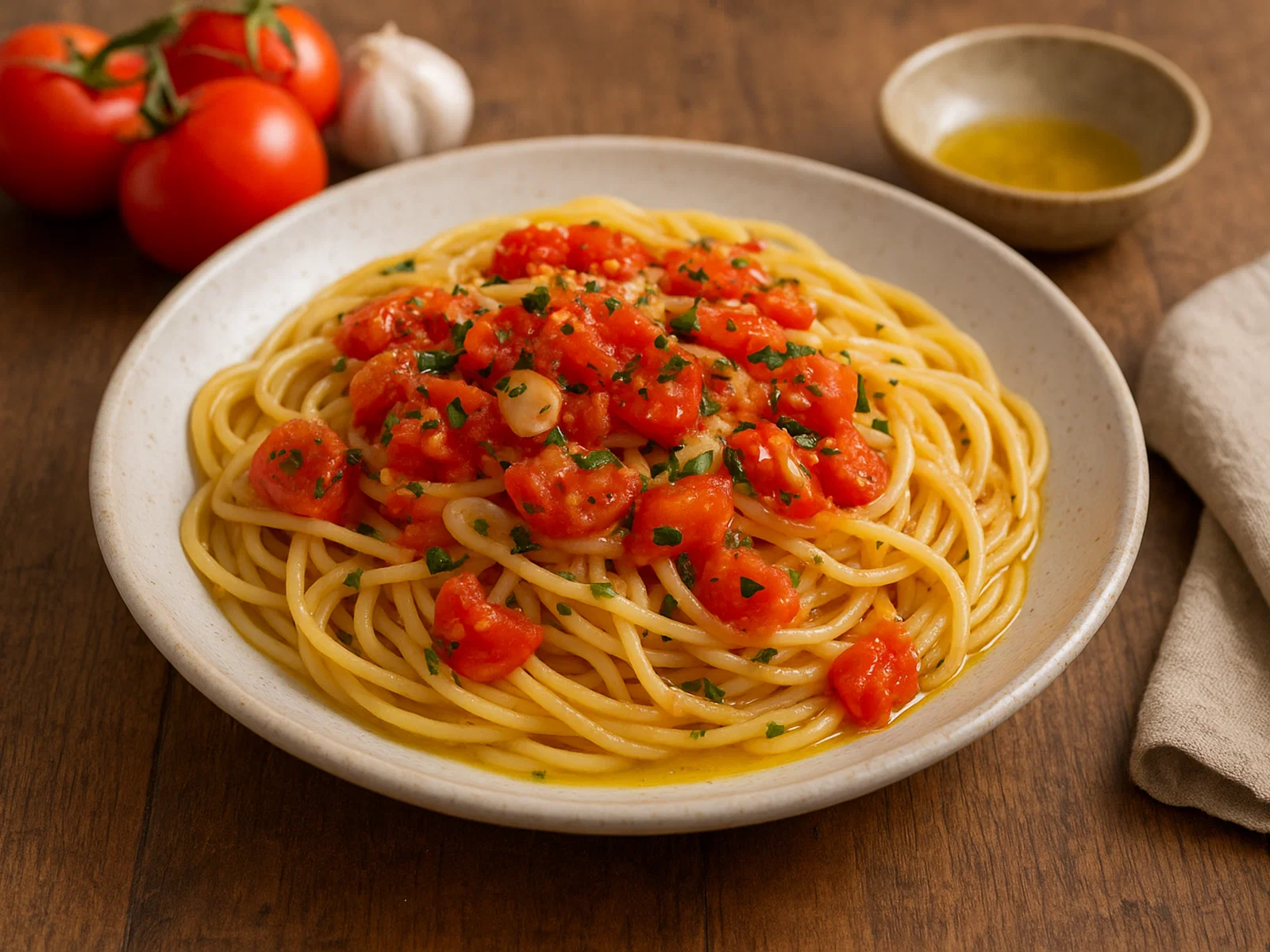 Spaghetti mit frischen Tomaten und Knoblauch