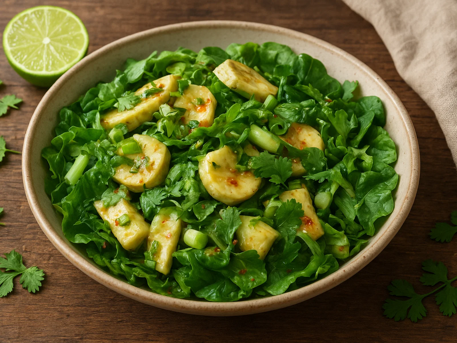Grüner Bananen-Salat mit würzigem Limetten-Dressing