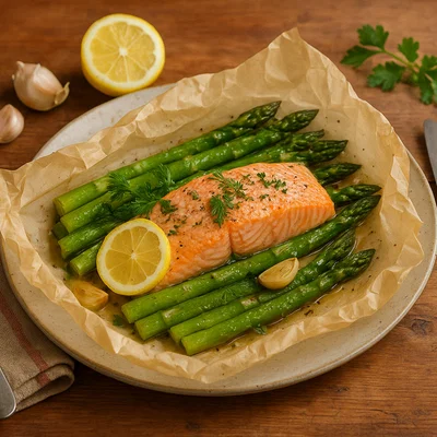 Grüner Spargel und Lachs in der Folie