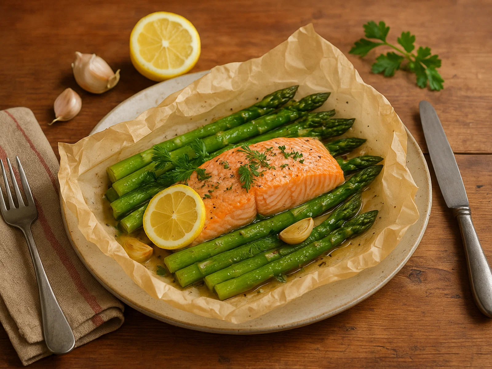 Grüner Spargel und Lachs in der Folie