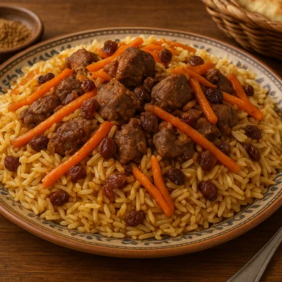 Afghanischer Kabuli Pulao mit Lamm, Karotten und Rosinen