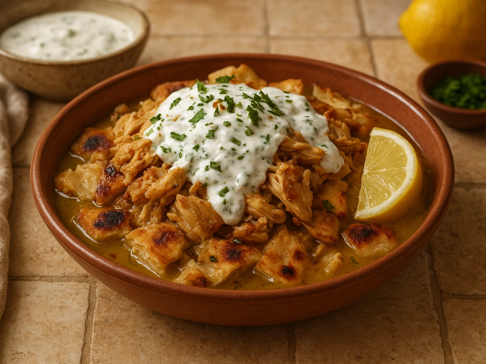 Arabische Fatta mit Joghurt, Knoblauch und Zitronen-Brühe