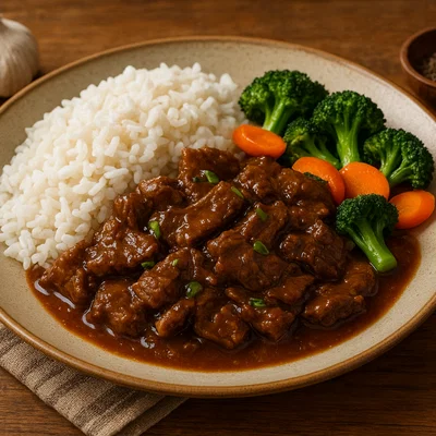 Batar Da'an – Mongolisches Rindfleisch in Soja-Ingwer-Sauce mit Reis und Gemüse