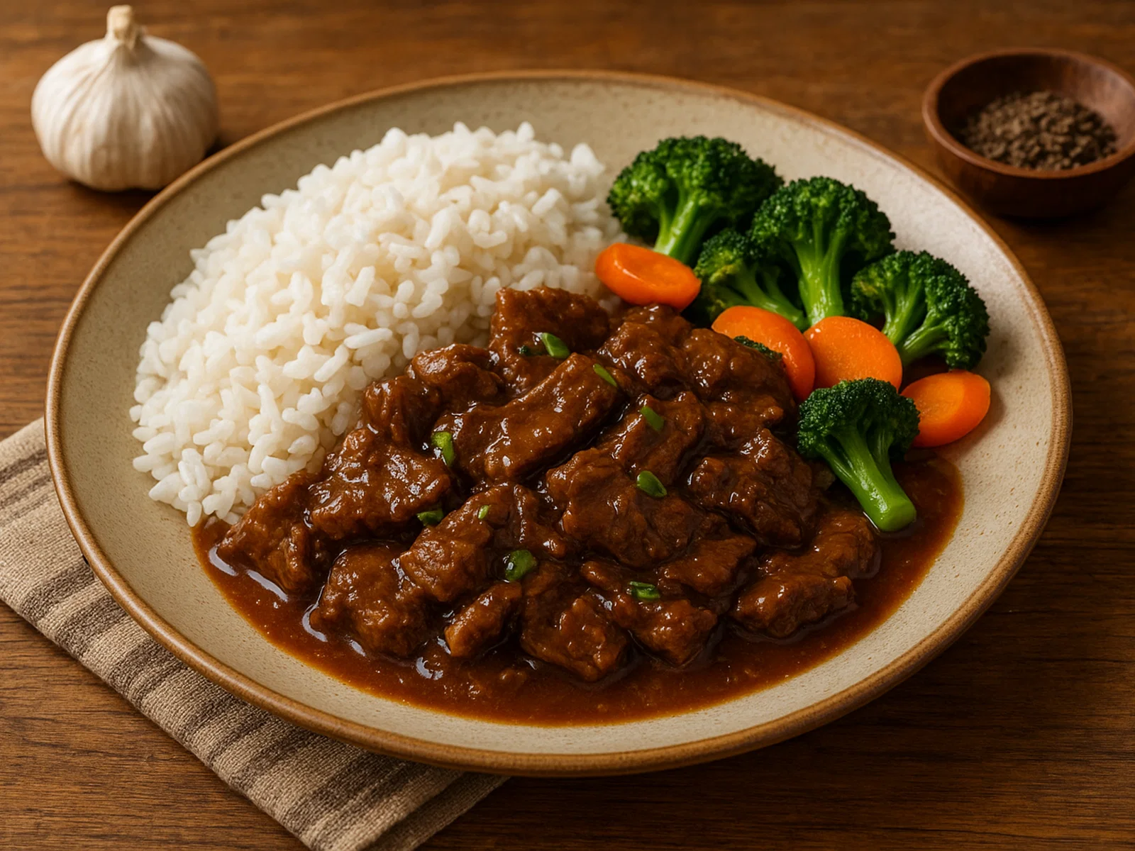 Batar Da'an – Mongolisches Rindfleisch in Soja-Ingwer-Sauce mit Reis und Gemüse