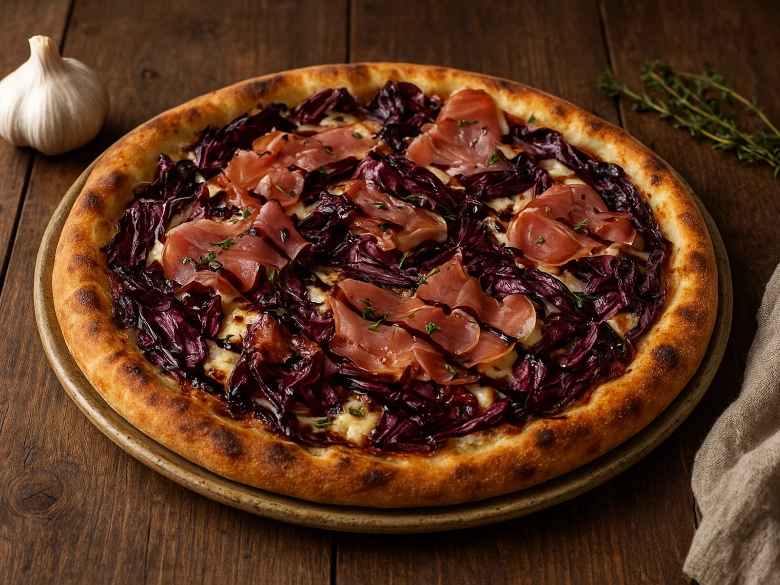 Radicchio-Pizza mit Prosciutto und Balsamico-Reduktion