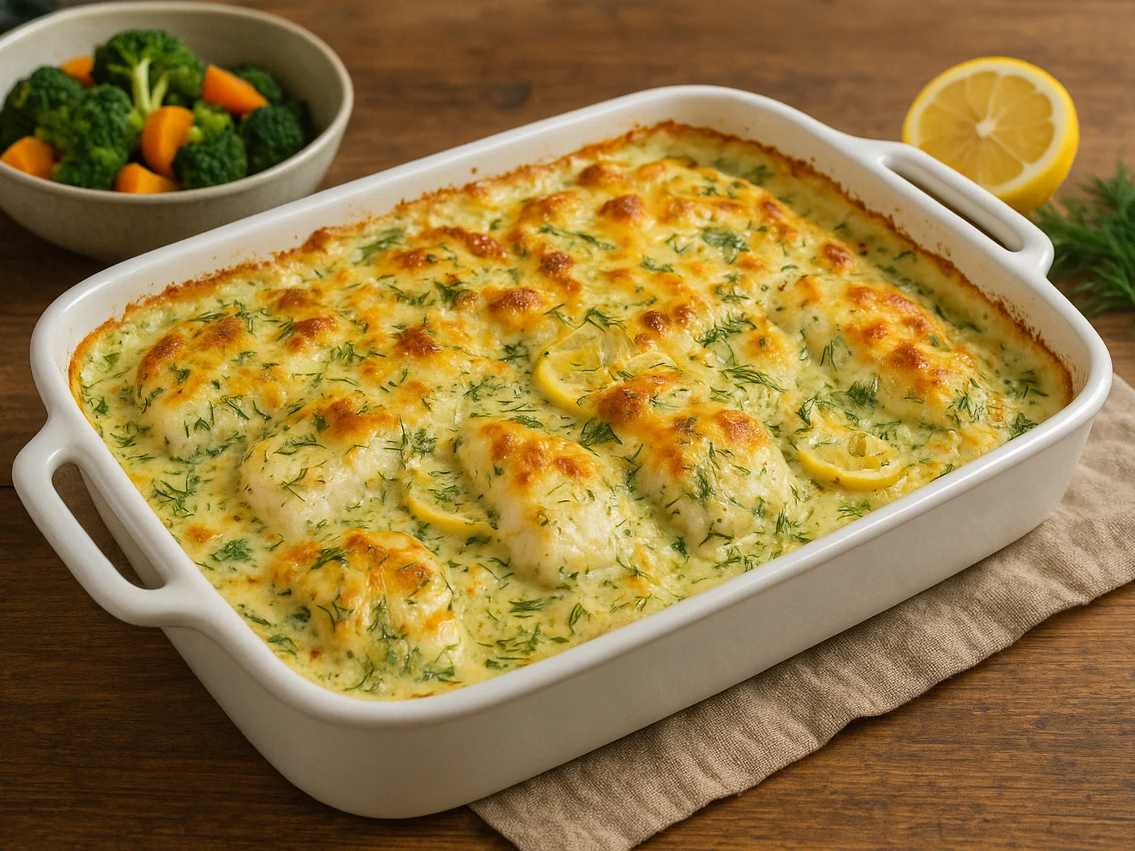 Fischauflauf mit Dill und Zitronensauce