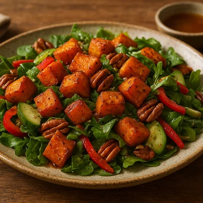 Gebackener Süßkartoffelsalat mit Ahornsirup-Vinaigrette