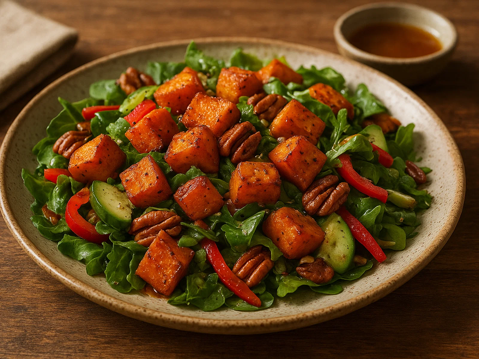 Gebackener Süßkartoffelsalat mit Ahornsirup-Vinaigrette