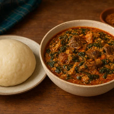 Pounded Yam mit nigerianischer Egusi-Suppe