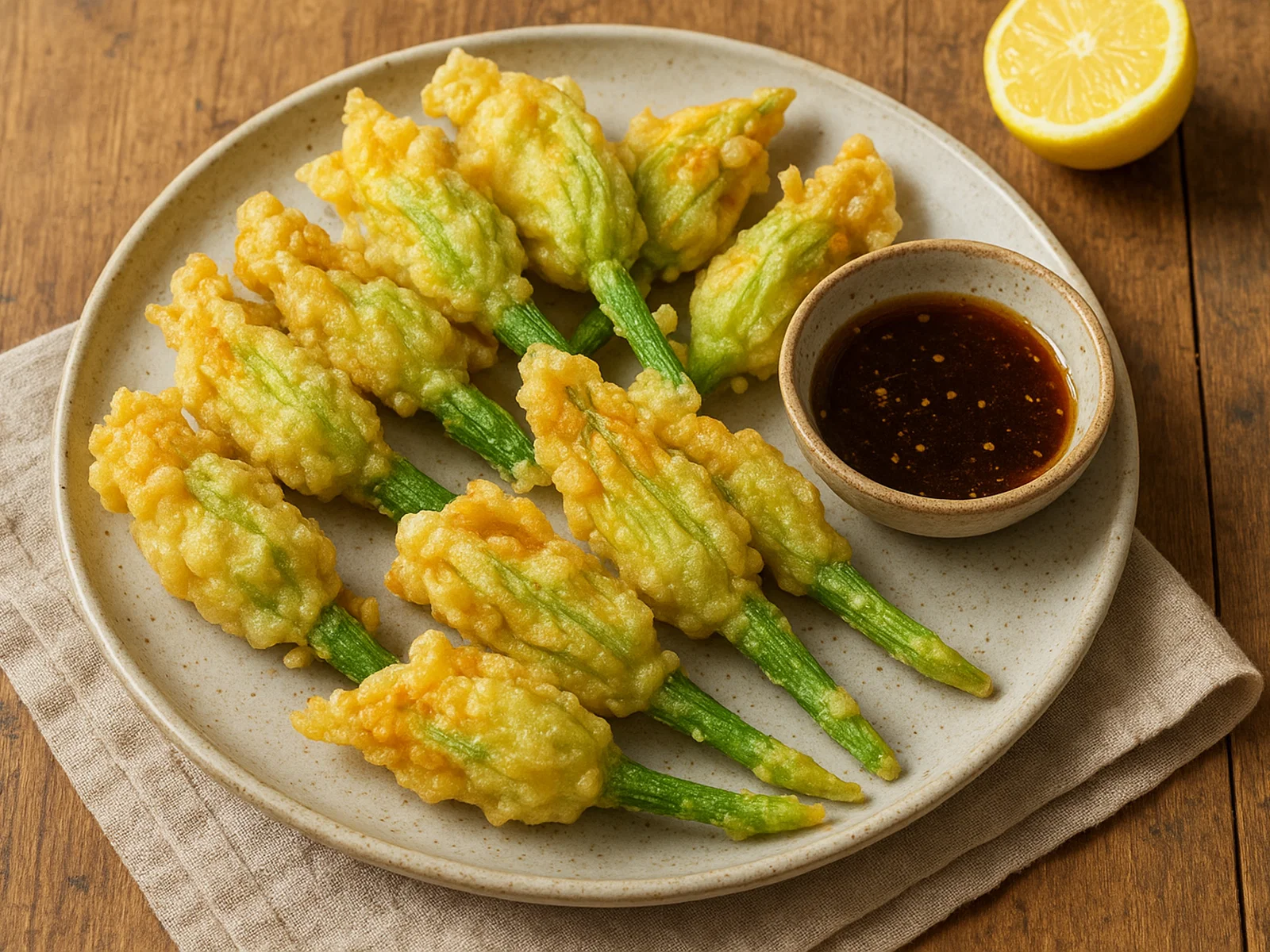 Zucchiniblüten-Tempura mit knusprigem Teig