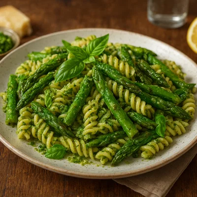 Pasta mit grünem Spargel und Basilikum-Pesto