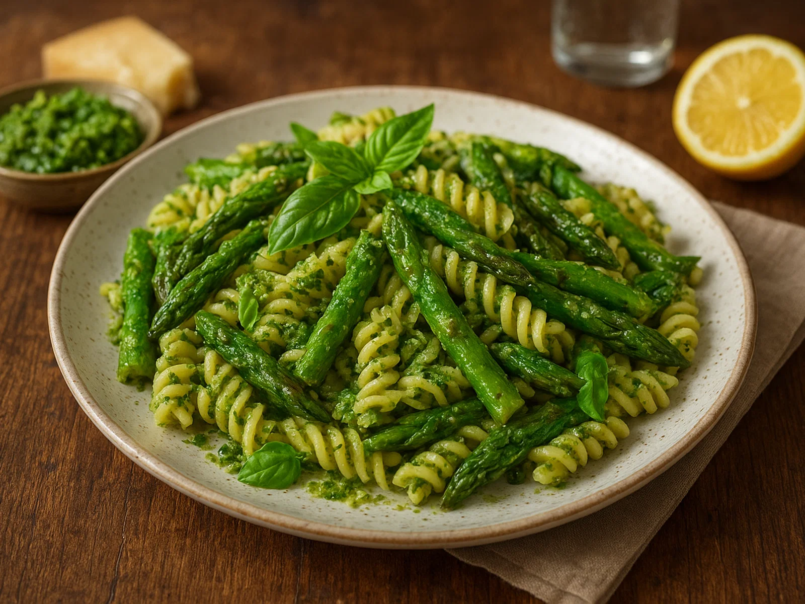 Pasta mit grünem Spargel und Basilikum-Pesto