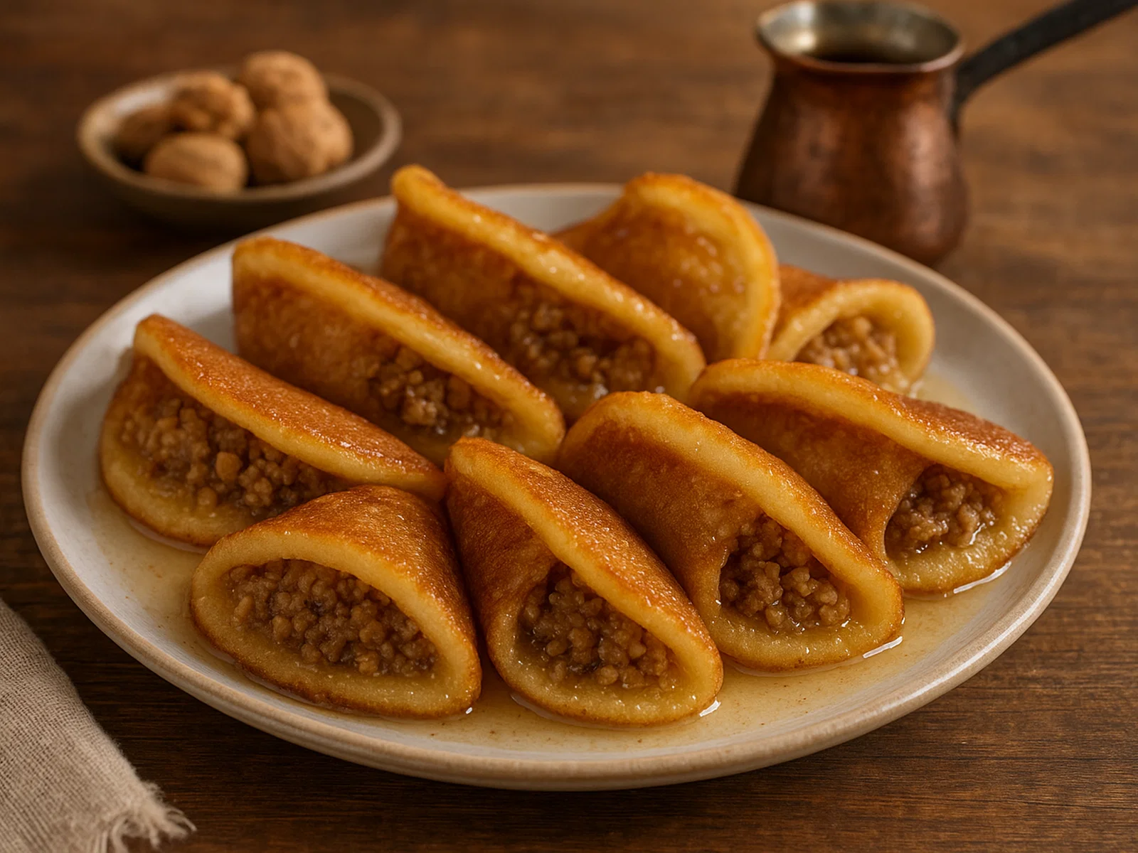Atayef – Gefüllte arabische Pfannküchlein mit Nussfüllung und Zuckersirup