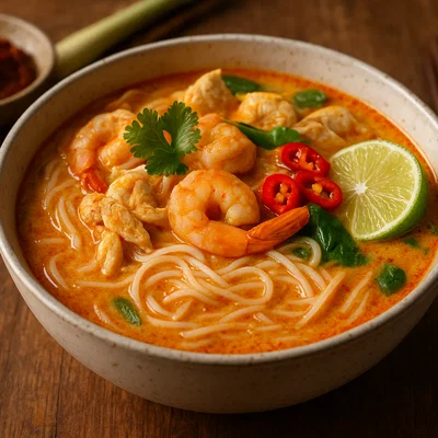 Laksa mit Hähnchen, Garnelen und Reisnudeln