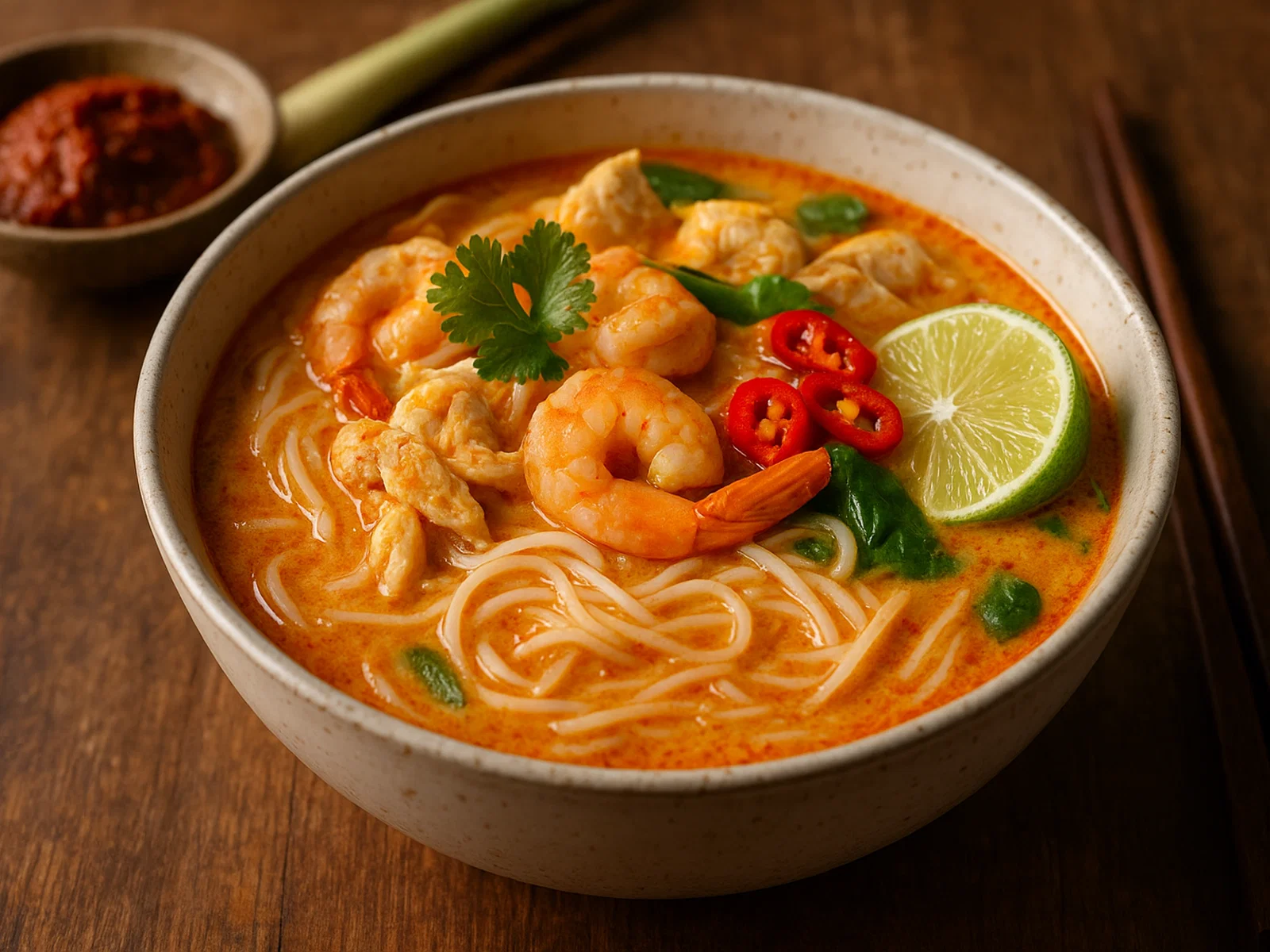 Laksa mit Hähnchen, Garnelen und Reisnudeln