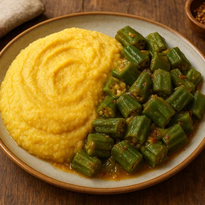 Gekochter Maismehl Cou Cou mit Okra