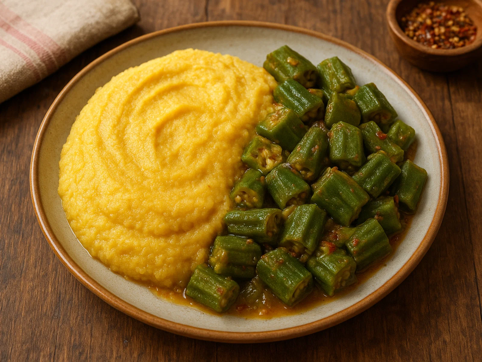 Gekochter Maismehl Cou Cou mit Okra