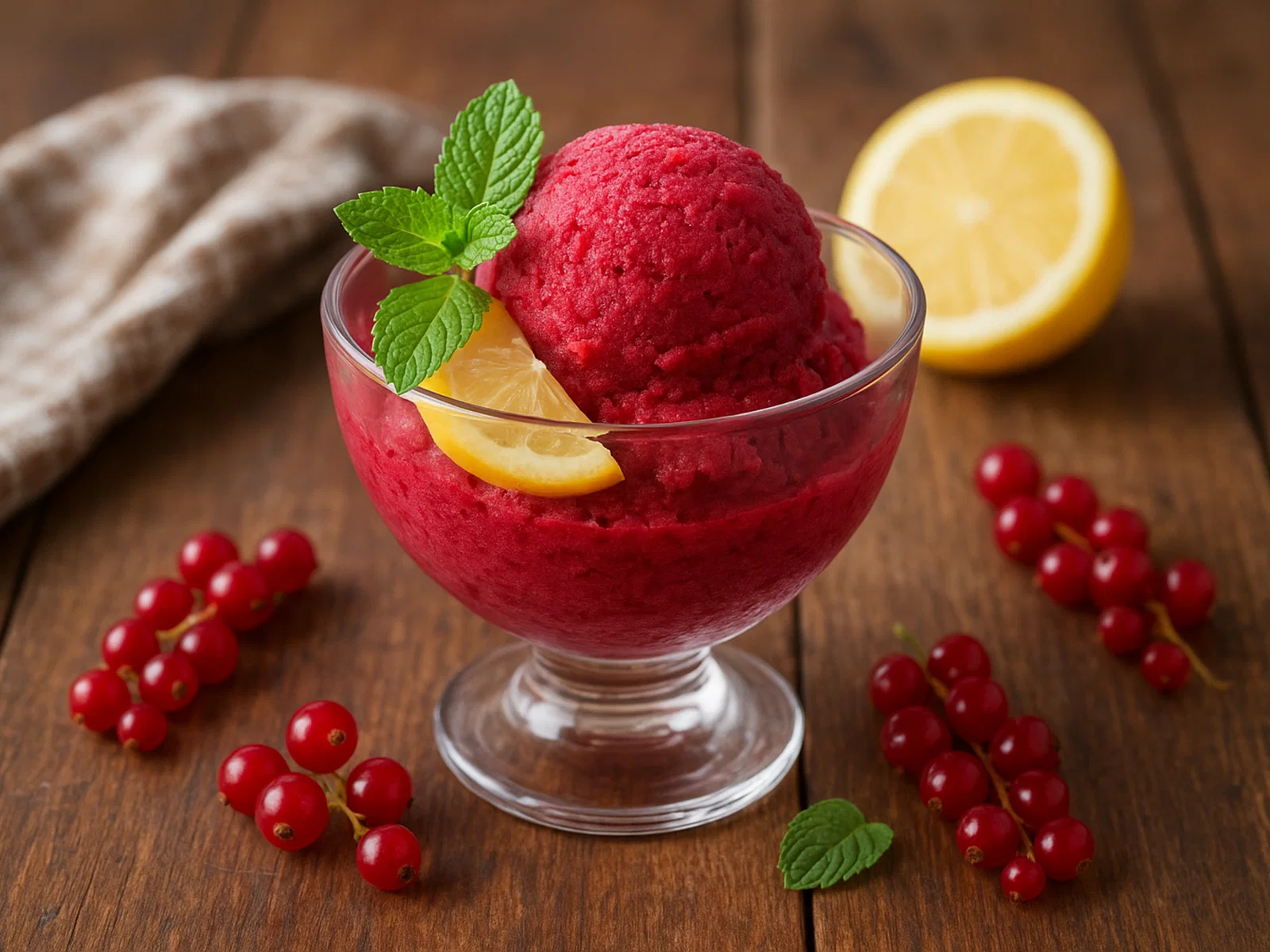 Johannisbeer-Sorbet mit Zitrone und Minze