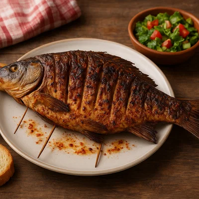 Šaran u rašljama – Am Spieß gegrillter Karpfen