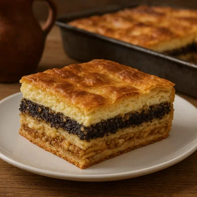 Međimurska gibanica – Kroatischer Schichtkuchen mit Mohn, Nüssen, Quark und Apfel