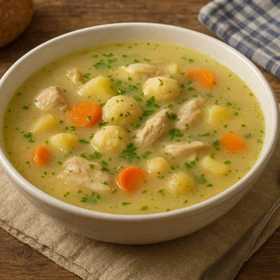 Ajngemahtec – Helle Hühnersuppe mit Gemüse und Klößchen
