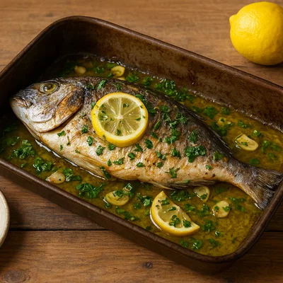 Dalmatinische im Ofen gebackene ganze Fisch mit Olivenöl