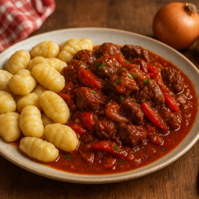 Njoki s gulašem – Hausgemachte Gnocchi mit Rindsgulasch