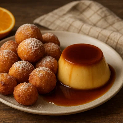 Fritule mit Rožata (dalmatinische Mini-Krapfen mit Karamellpudding)