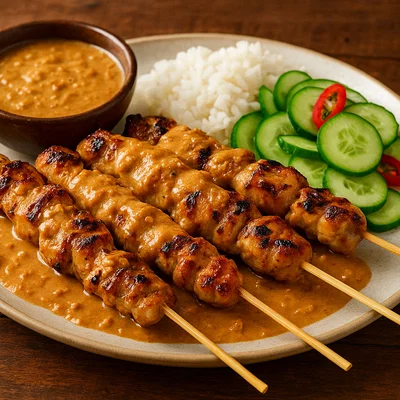 Sate Ayam – Indonesische Hähnchenspieße mit Erdnusssauce