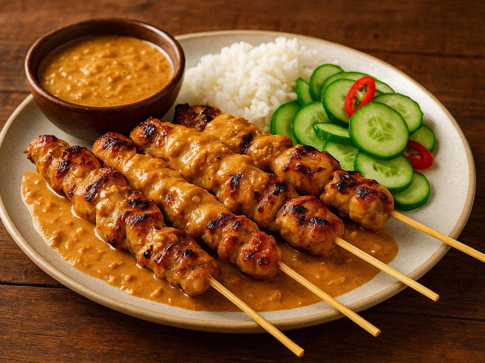 Sate Ayam – Indonesische Hähnchenspieße mit Erdnusssauce