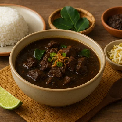 Rawon – Indonesische dunkle Rindfleischsuppe mit Keluak-Nuss