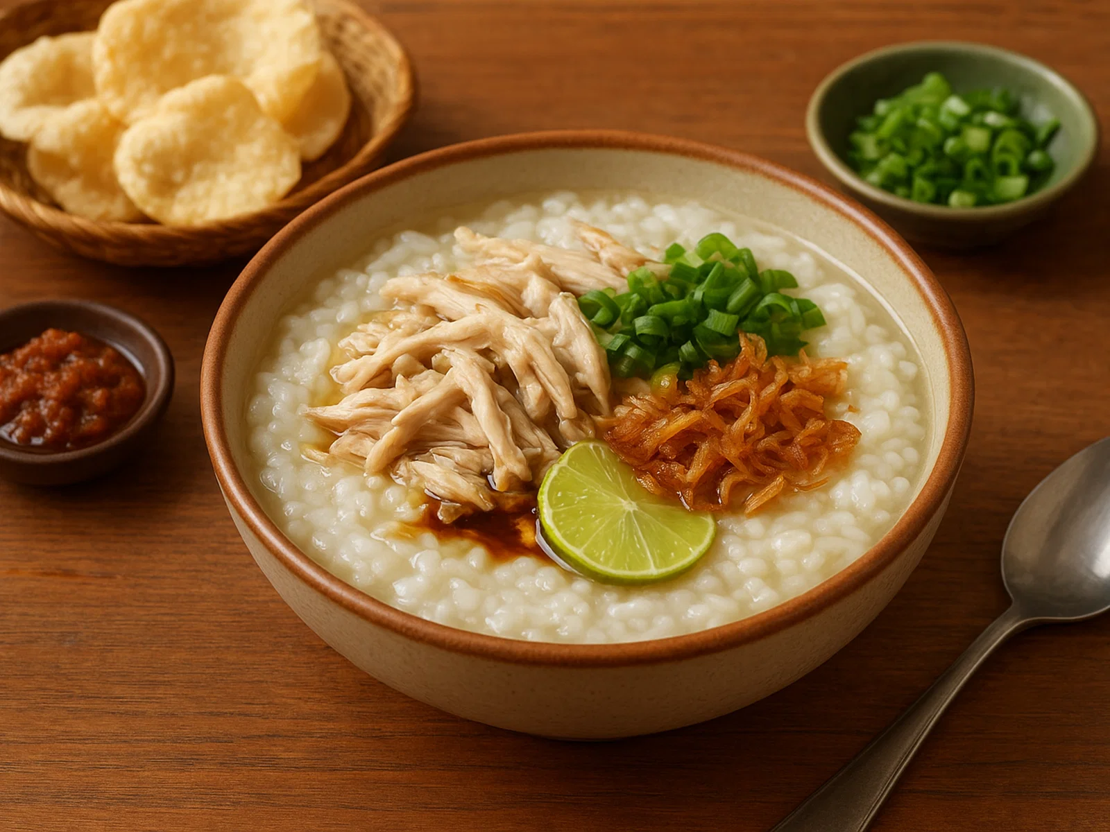Bubur Ayam – Indonesischer Reisbrei mit Hähnchen und Beilagen