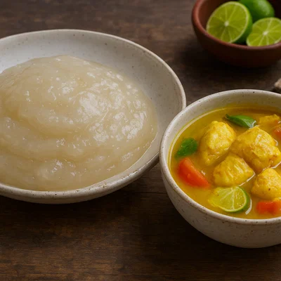 Papeda mit gelber Fischsuppe (indonesischer Sagobrei)