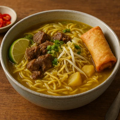 Soto Mie – Indonesische Nudelsuppe mit Rindfleisch und knuspriger Frühlingsrolle