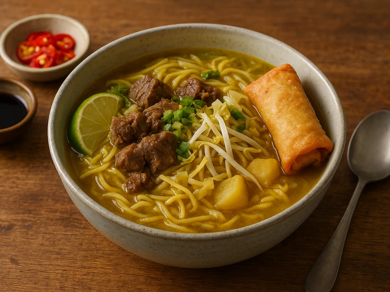 Soto Mie – Indonesische Nudelsuppe mit Rindfleisch und knuspriger Frühlingsrolle
