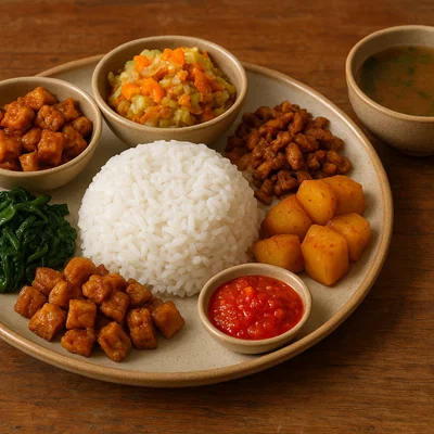 Nasi Jamblang – Reisteller mit vielen Beilagen aus Cirebon