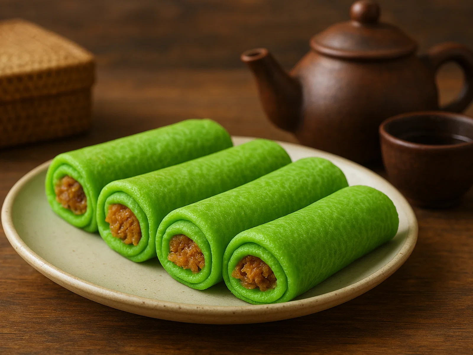 Dadar Gulung – Indonesische grüne Kokos-Pfannkuchenrollen