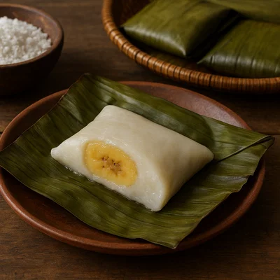 Nagasari – Indonesische Reismehlküchlein mit Banane im Bananenblatt