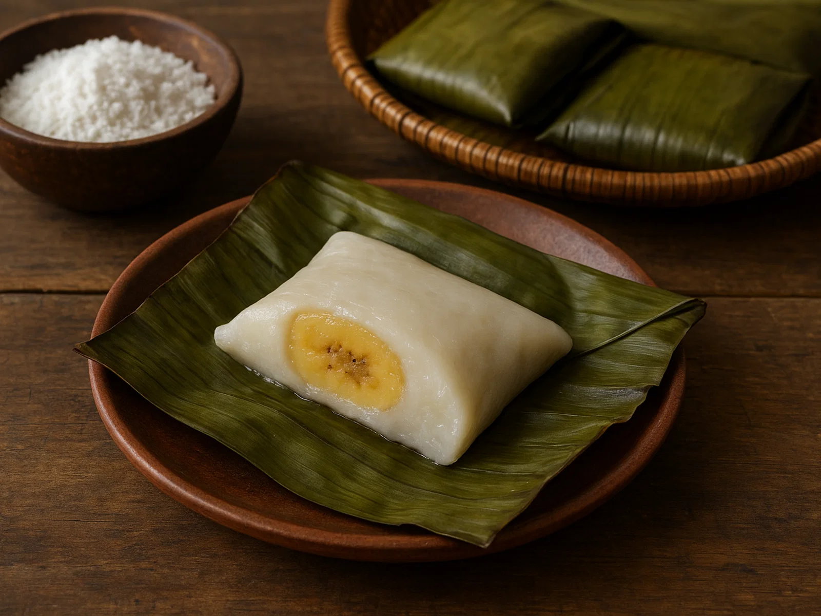 Nagasari – Indonesische Reismehlküchlein mit Banane im Bananenblatt
