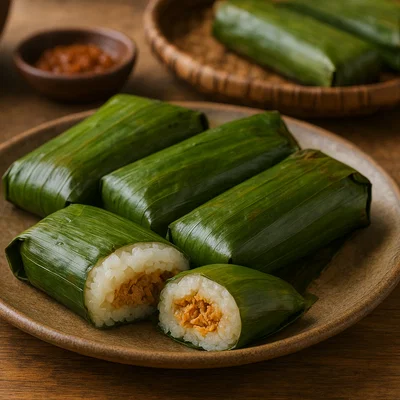Lemper – Indonesische Klebreisrollen mit Hühnchenfüllung im Bananenblatt