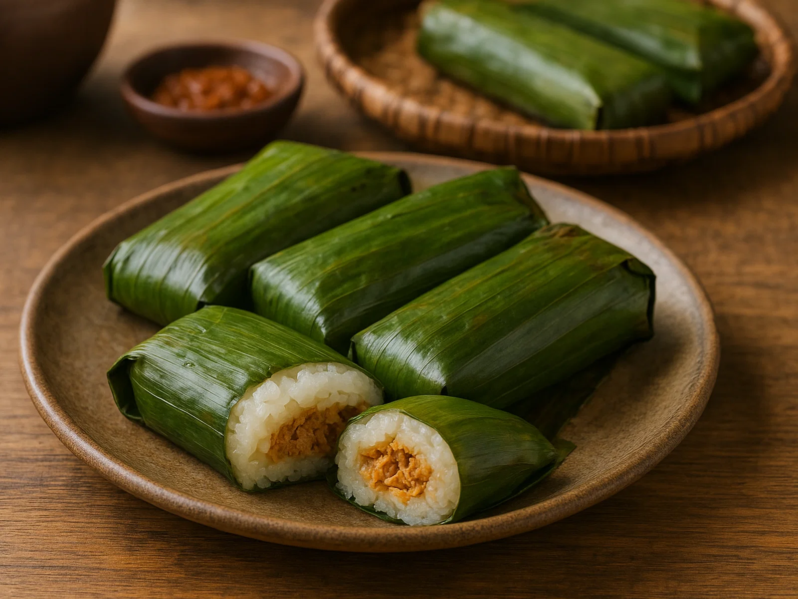 Lemper – Indonesische Klebreisrollen mit Hühnchenfüllung im Bananenblatt