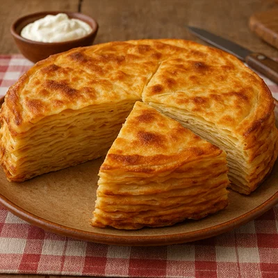 Traditionelle Flia aus dem Kosovo (geschichtete Crêpe‑Pastete aus der Glut)