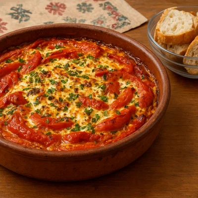 Fërgesë Tirane me gjizë (Tiranaer Paprika-Tomaten-Pfanne mit Gjizë)