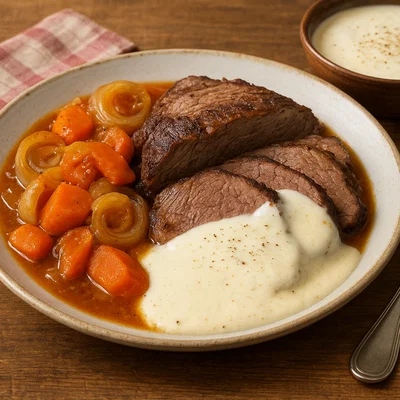 Rosto me Salcë Kosi (Schmorbraten mit Joghurtsoße aus Shkodra)