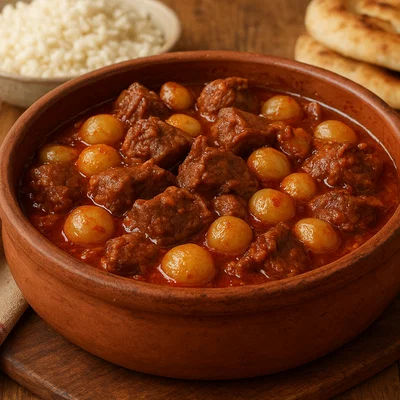Çomlek – türkischer Schmortopf mit Fleisch und vielen kleinen Zwiebeln