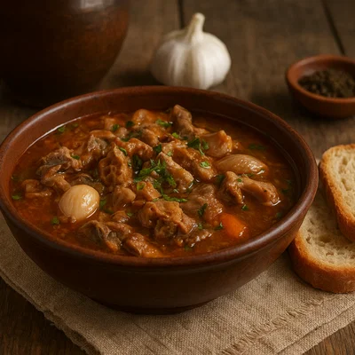 Paçe – albanische Knoblauch‑Essig‑Innereiensuppe aus dem Ofen