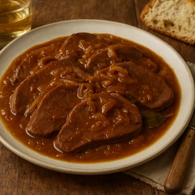 Rinderzunge in kräftiger Zwiebelsauce (Gjuhë në salcë)