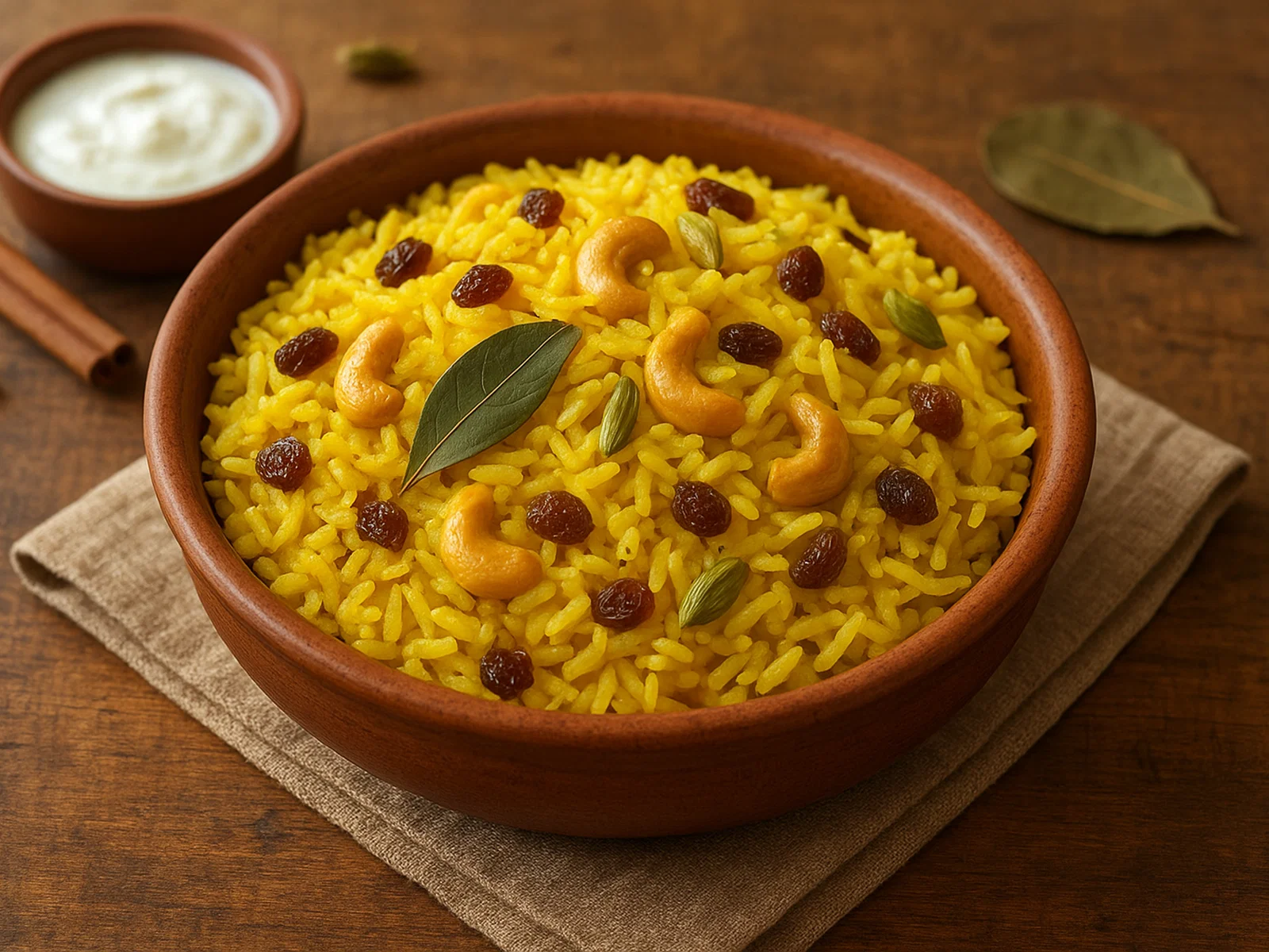 Basanti Polao (süßlicher gelber Festtagsreis mit Ghee)